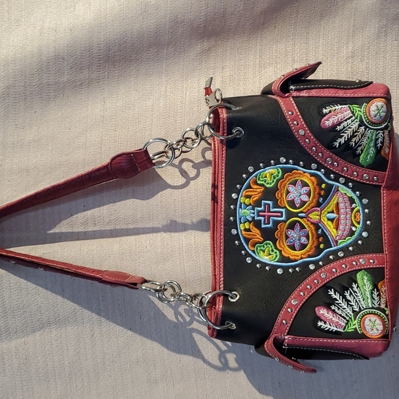 Montana West Handbags - Montana West Black and Pink Calavera Embroidered Sugar Skull Bag